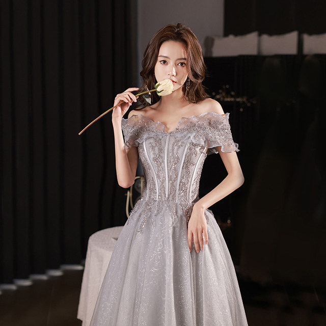 High-end evening dress women's autumn light luxury high-end niche design noble texture princess evening dress one-shoulder dress