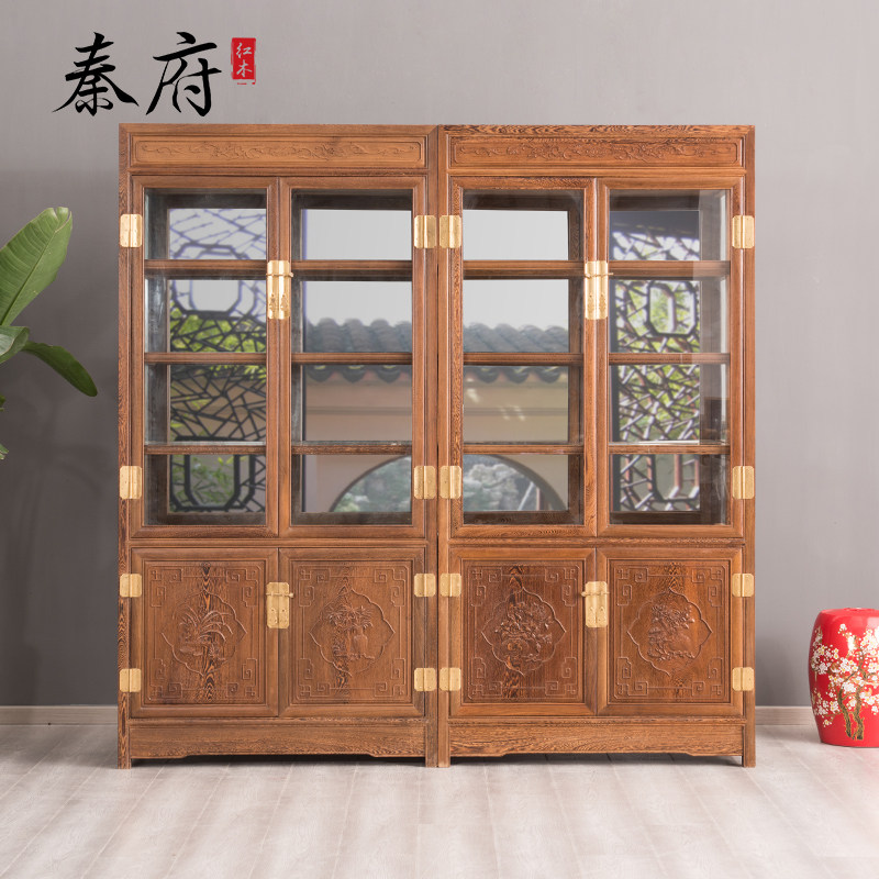 Qinfu mahogany furniture chicken wing wood wine cabinet with glass door Chinese storage multi-layer display cabinet showcase locker