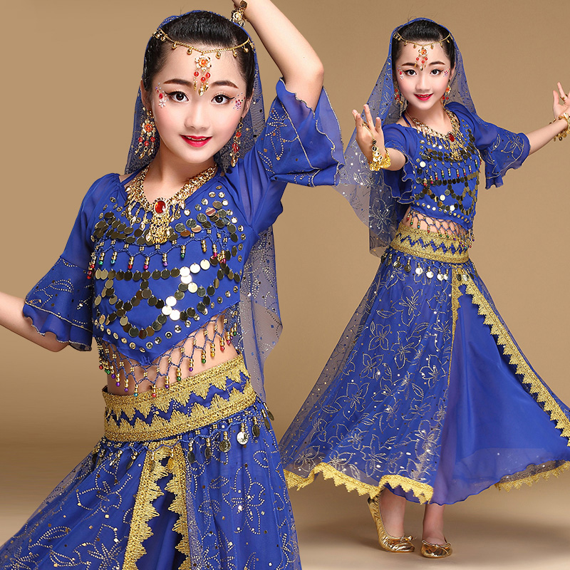 Children's Indian dance costume performance costume female child belly dance suit performance costume middle sleeve Xinjiang dance costume skirt