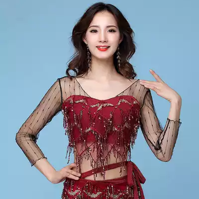 Belly dance clothing jacket spring and summer new practice clothing top adult mesh long sleeve sequins Oriental dance costume