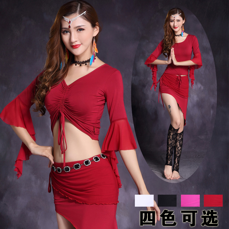 Belly Leather Dance Dress 2020 New Practice Conserved Beginners Sexy Middle Sleeve Blouses Short Skirts Suit Fairy style Spring Summer
