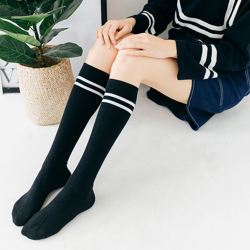 Second bar calf socks Female Korean college style knee-length socks Spring and summer department pure cotton mid-high tube half pile long socks