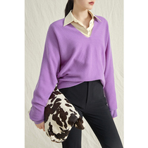 RoseLingLing Italy imported wool cashmere hollow yarn V collar loose comfortable pullover sweater women