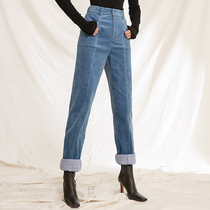  Roselingling thin retro comfort good to wear high-waisted micro-elastic environmental protection corduroy tapered pants spring women
