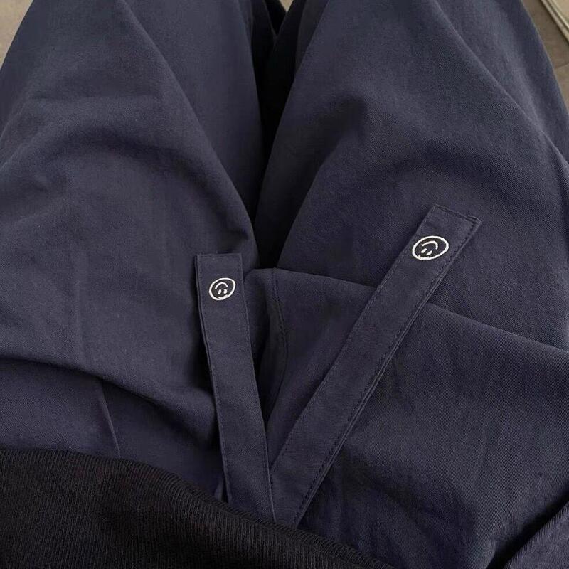 Smiley Face Embroidered Drawstring Baggy Pants Casual Pants Elastic Waist Loose Straight Leg Trousers Spring and Summer American Street Style Smiley Face Embroidered Drawstring Baggy Pants Casual Pants Elastic Waist Loose Straight Leg Trousers Spring and Summer American Street Style
