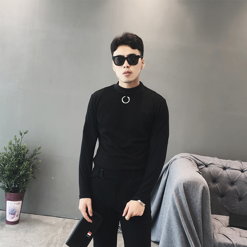2017秋冬铁圈装饰纯色半高领弹力修身长袖T恤男韩版百搭打底衫