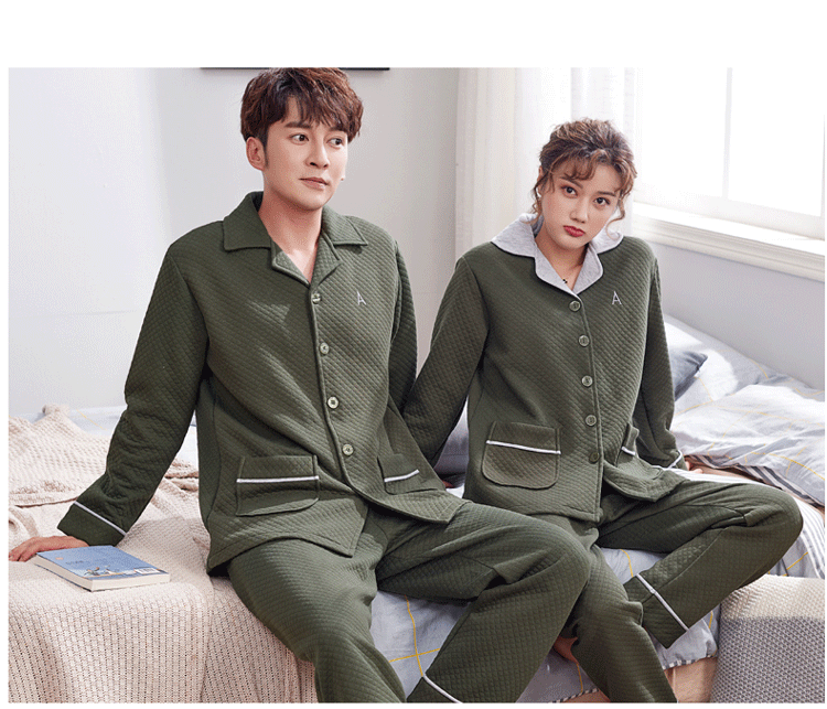 Bộ đồ ngủ đôi bên trong và bên ngoài bằng vải cotton dày xen kẽ mùa xuân và mùa thu đông bông dài tay nam nữ bộ đồ mặc nhà mùa hè