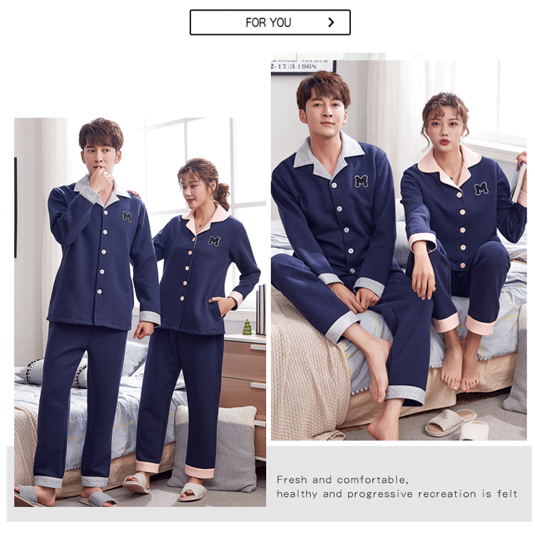 Bộ đồ ngủ đôi bên trong và bên ngoài bằng vải cotton dày xen kẽ mùa xuân và mùa thu đông bông dài tay nam nữ bộ đồ mặc nhà mùa hè