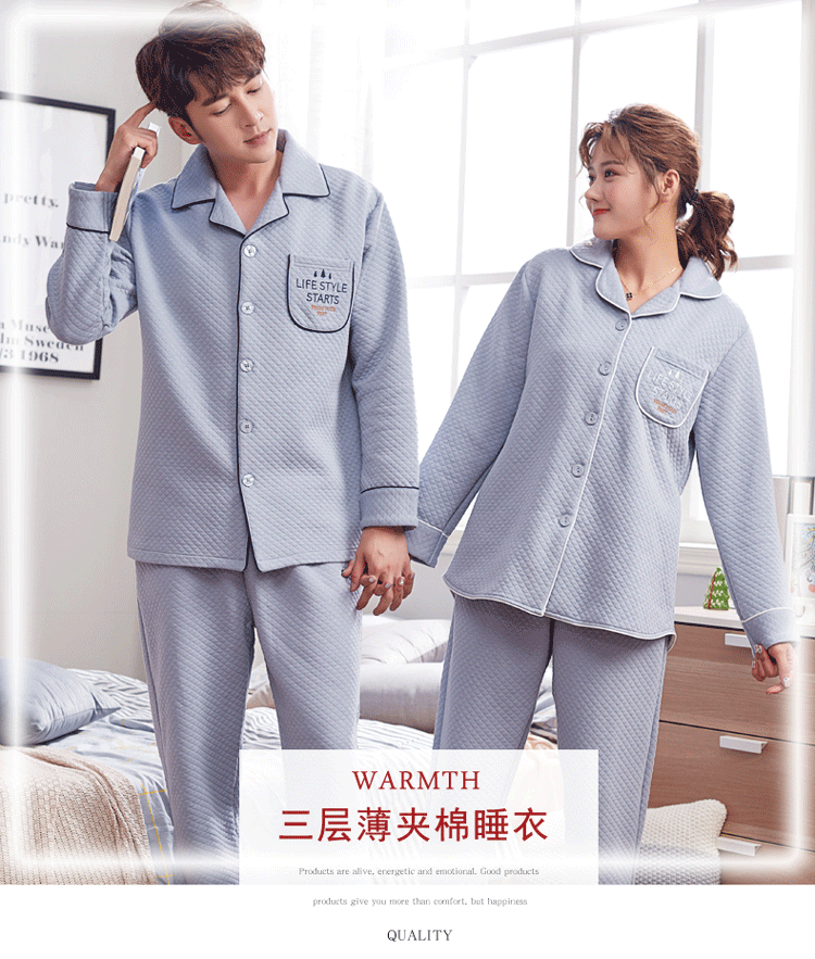 Bộ đồ ngủ đôi bên trong và bên ngoài bằng vải cotton dày xen kẽ mùa xuân và mùa thu đông bông dài tay nam nữ bộ đồ mặc nhà mùa hè