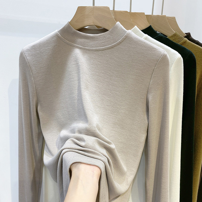 Half-height round neck long-sleeved T-shirt women's 2022 autumn and winter new thin velvet Western style slimming bottoming shirt top