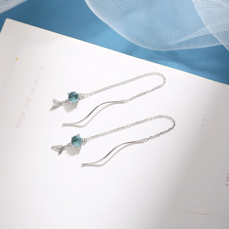 s925 sterling silver earrings female Korean temperament small and versatile personality long version super fairy earrings fish tail moonstone earrings