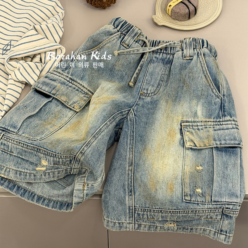 Bora Boys' Vintage Distressed Denim Shorts 2026 Children's Summer Pants Pocket Cargo Shorts Boys