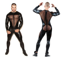 Men's patent leather jumpsuit tights body shaping clothes black silk nightclub bar men's tight clothes jumpsuit