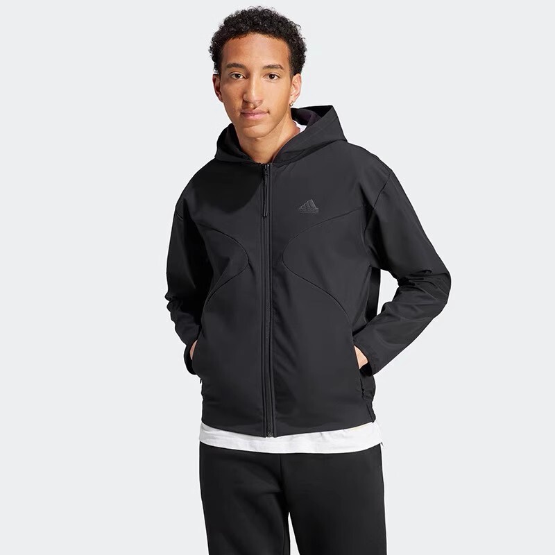 Adidas Men's Polyester Fiber Windproof, Warm and Wear-Resistant Pure Black Slim Short Hooded Jacket Ij6092