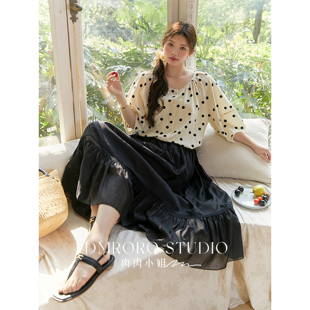 Meaty lady plus size women's clothes for fat mm 2024 summer new arrival lace high waist skirt slimming A-line skirt long skirt