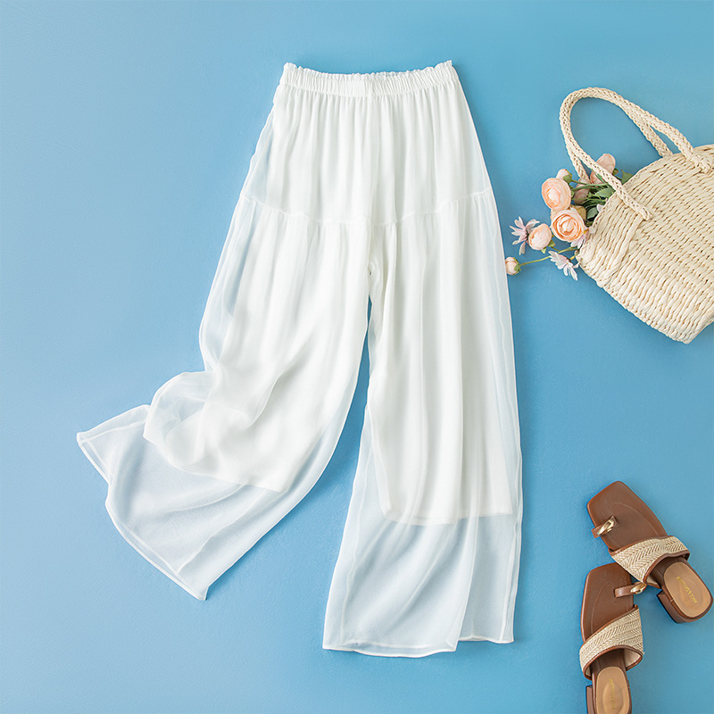 Silk Mulberry Silk Spring and Summer Thin Casual Wide-Leg Pants Long Pants Flowing Straight-Leg Pants Double-Layer High-Waisted Slimming Women's Pants