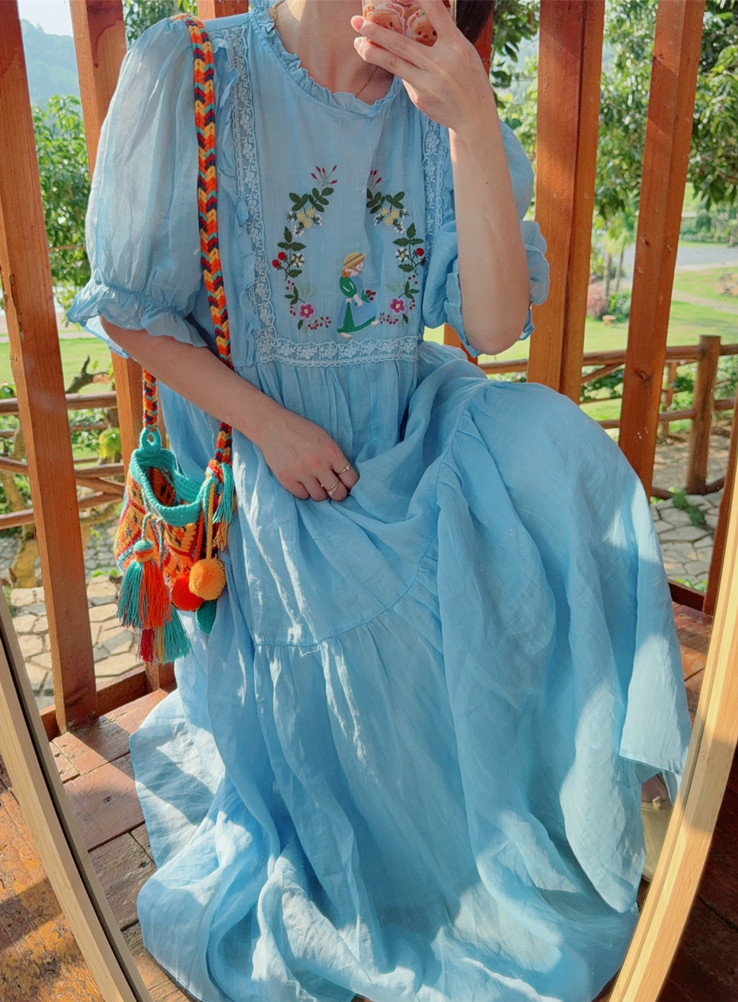 Ramie Embroidery Dress Loose Short Sleeve Ethnic Embroidery Cotton Linen  Long | eBay
