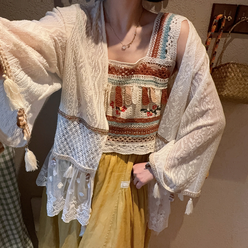 Original Bohemian Ethnic Style Lace Beaded Bell-Sleeve Lace Cardigan Shawl Summer Thin Outerwear Top