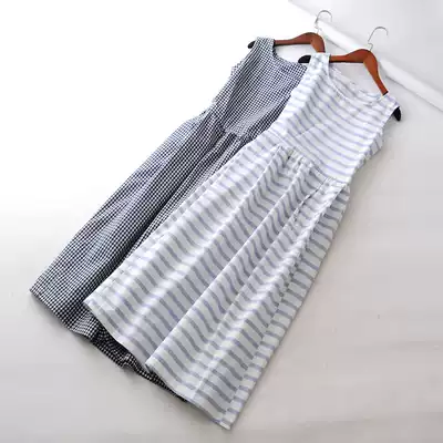 u family is full of literary and artistic style Japanese single round neck high waist lace-up large skirt Cotton and linen sleeveless dress Forest long skirt