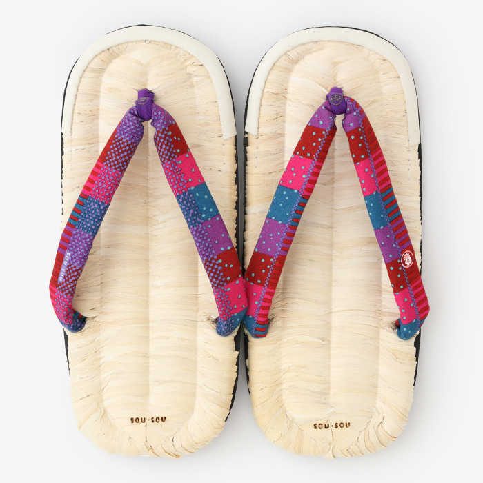 Sousou足袋日本京都制设计师夹角人字拖鞋浅色草履彩色拼布