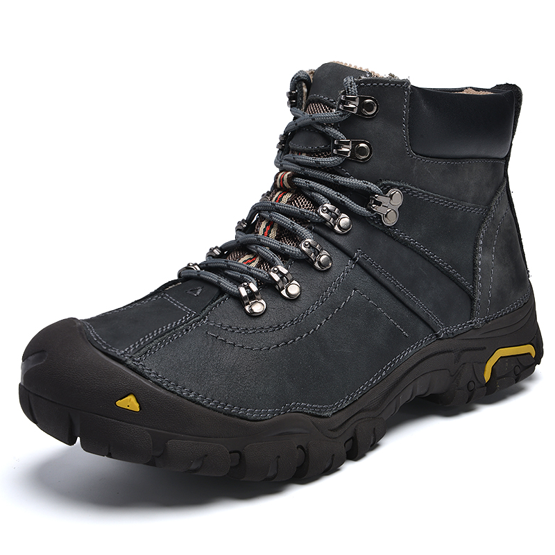 Winter hiking shoes men's leather high tube plus velvet warm outdoor work shoes waterproof non-slip wear-resistant