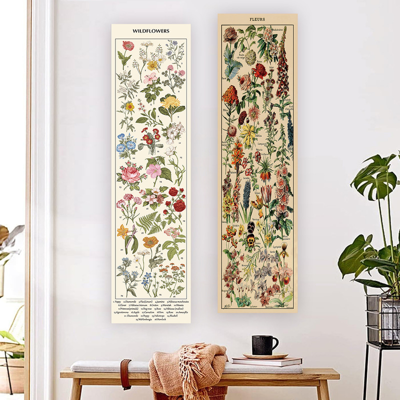 Flowers and Plants Illustration Vertical Long Tapestry Bedroom Wall Hanging Reference Illustration Plant Art Background Cloth Home Decoration