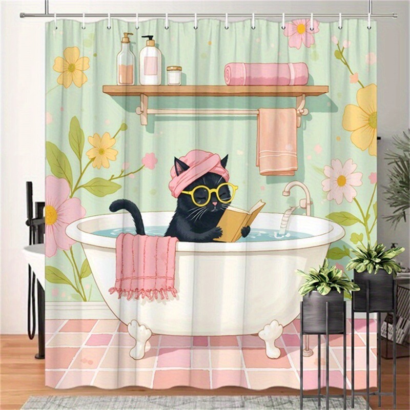 Retro Fun Cat Bathing and Reading Thick Shower Curtain Bathroom Waterproof Partition Hanging Curtain Window Curtain Dry and Wet Separation