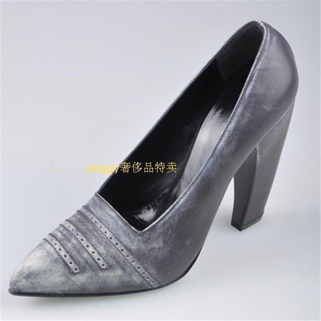 In-Stock P Brand Pra*A Women's Bold Pointed-Toe Gray Gradient Chunky High-Heeled Leather Shoes Size 38