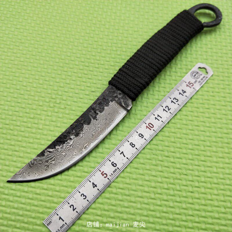 Handmade knife forging knife Damascus pattern steel small straight knife camping outdoor knife portable self-defense knife sharp
