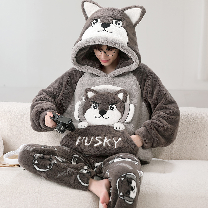 Coral Velvet Pajamas for Men in Autumn and Winter, Fleece-Lined and Thickened, Youth Winter Style, Flannel Cartoon Home Wear Set