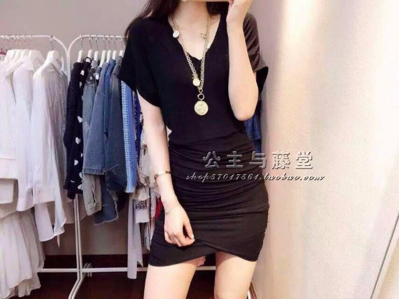 Tengtangjia quần áo nữ size lớn, cổ chữ V thấp quây túi đeo hông xếp li tay áo gợi cảm thon thả - Váy eo cao