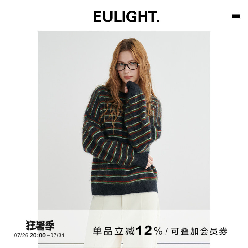 Eulight Christmas Cashmere Wool Sweater for Women 2025 New Style Lazy Style Brushed Round Neck Striped Top Eulight Christmas Cashmere Wool Sweater for Women 2025 New Style Lazy Style Brushed Round Neck Striped Top