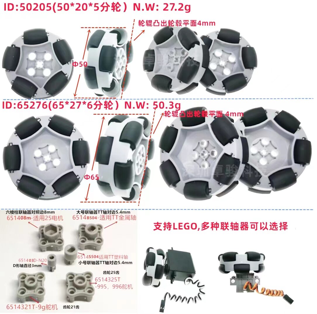 机器人小车麦克纳姆轮全向轮横移万向福来轮tt马达兼容乐高65mm