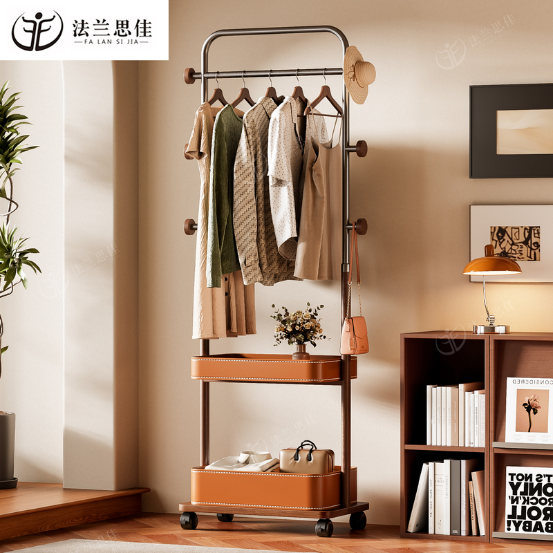 Medieval-Style Floor-Standing Coat Rack for Home Bedroom, Movable Clothes Rack, Saddle Leather Double-Layer Storage with Wheels Medieval-Style Floor-Standing Coat Rack for Home Bedroom, Movable Clothes Rack, Saddle Leather Double-Layer Storage with Wheels