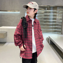 Trendy boys plaid shirt spring and autumn 2024 new style medium and large childrens handsome street shirt childrens autumn thin coat