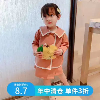 2021 Girls Spring and Autumn Children's Wear Children's Lapel Coats Baby Short Skirt Set Little Girl Navy Style Two Piece Set