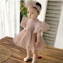 South Koreas homo-style banquets princess short sleeve climbing clothes baby girl baby girl with bubbly sleeves puffy dress to send headscarf