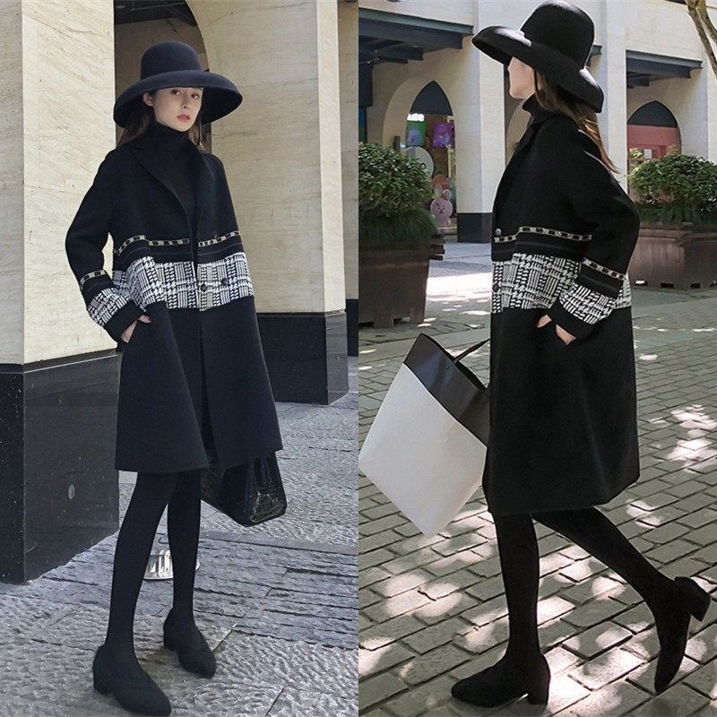 Black Thousand-bird lattice Double-sided cashmere big coat 2023 autumn winter new small fur coat-Taobao