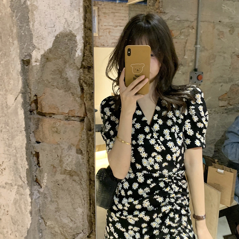 Sandro Svpr Black Floral Dress 2022 Summer New Waist Slim Slim Small Skirt