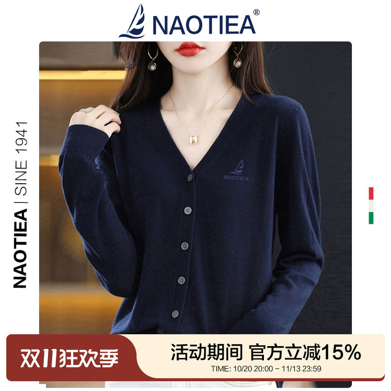 Naotier Small Sailboat V-Neck Long-Sleeved Knitted Cardigan for Women 2026 Spring and Autumn New Brand T-Shirt Jacket