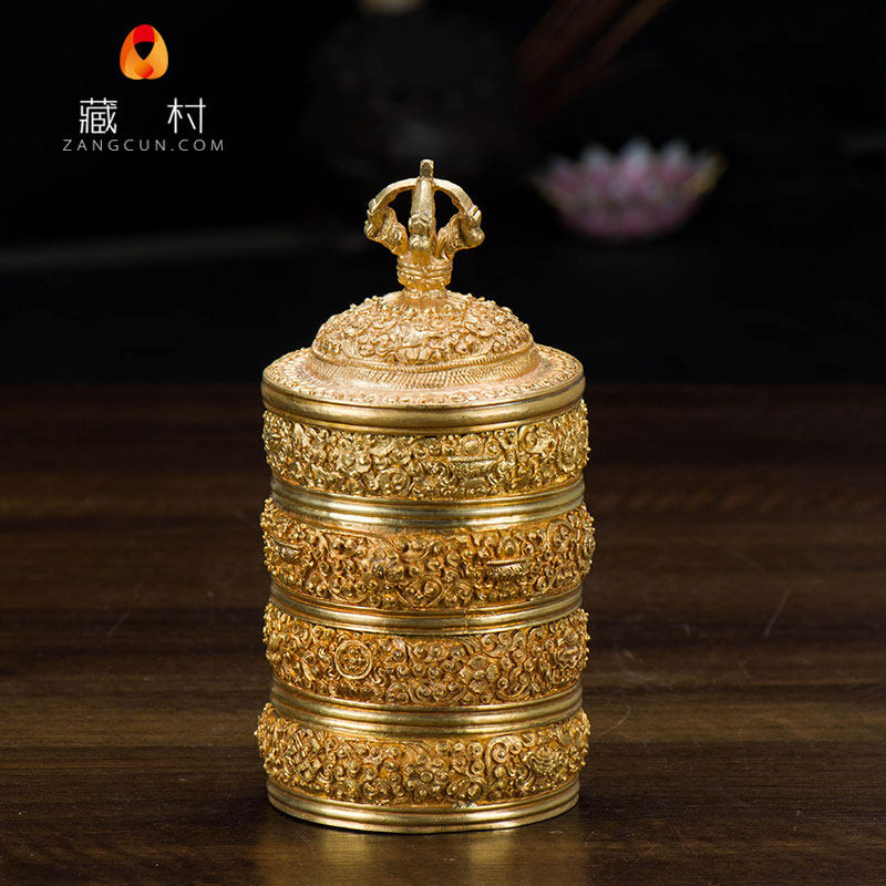 Tibetan Buddhist supplies Buddha Hall offerings ornaments for grain repair Copper full gilt Tantric offerings Rice box height 17cm