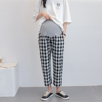Summer New pregnant womens pants Korean version of casual thin wear lattice pants belly fashion eight points foreign style straight pants tide