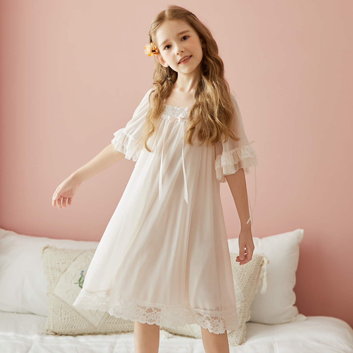 Girls Princess Palace Nightgown Spring and Summer Short Sleeve Long Home Clothes Girls Lace Mesh Modal Parent-Child Pajamas