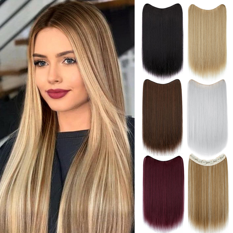 European and American Style Women's One-Piece V-Shaped Long Straight Hair Extensions, Natural Invisible Realistic U-Shaped Long Straight Hair Extensions