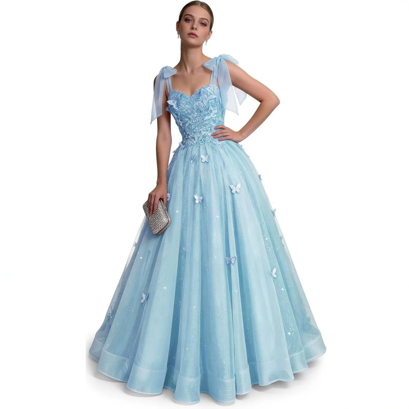 European and American Evening Dress with Glittering Tulle, 2026 New Summer Ball Gown Suitable for Teenagers, 3D Butterfly Ball Gown Dress