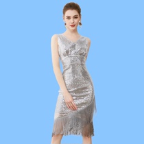 Latin dance performance competition clothing for women high-end adult sequined tassel V-neck sleeveless dress modern ballroom dance clothing