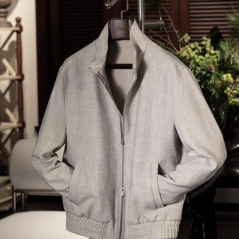 Wool Blend Flight Collar Jacket, Italian Old Money Style, Elegant Sky Blue, Super Wrinkle-Resistant and No-Iron Technology