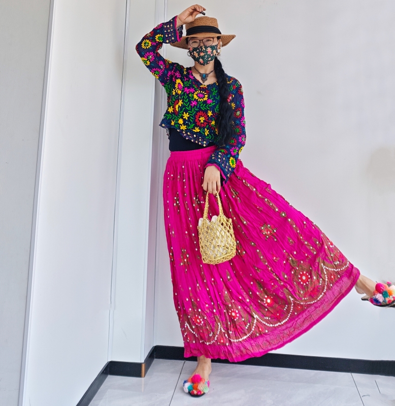 Thai Hand-Embroidered Bell-Sleeve Short Top, Indian Sari Embroidered Sun-Protective Short Cover-Up