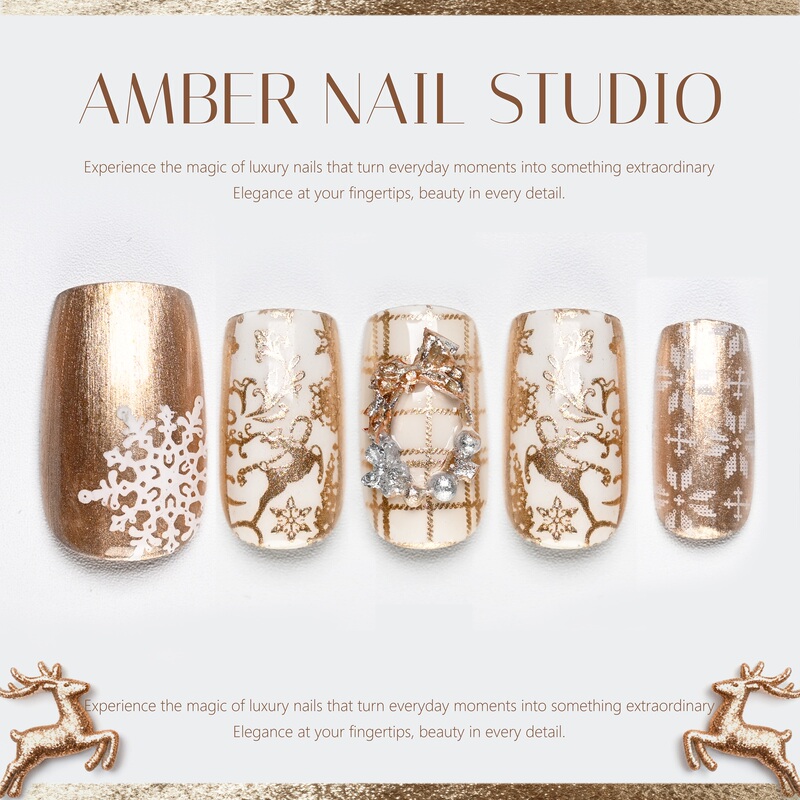 【Amber】Christmas Limited Edition Illusory Gold Snow Deer Noble Lady Antique Bronze Vintage Wreath Snowflake Texture Wearable Nails