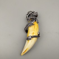 Evil spirits bone powder pressing tiger teeth inlaid Tibetan silver plate dragon pendant Craft fine keychain pendant necklace domineering male models